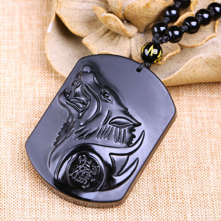 Collier loup obsidienne noire - Vue arrière pendentif 5cm