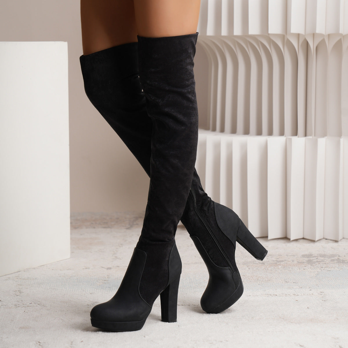 Long Boots For Women - Elastic Suede High Square Heel Over-the-knee