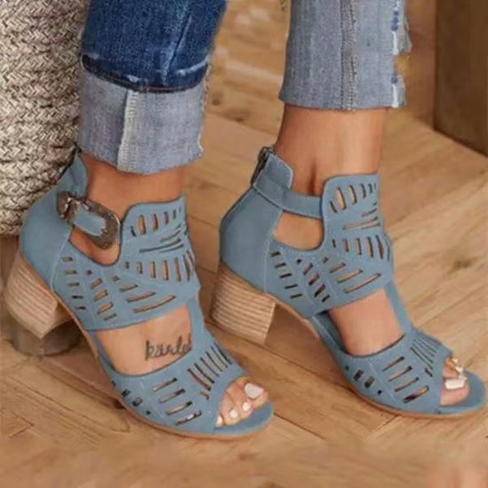 Block Heel Cutout Back Zipper Buckle Sandals