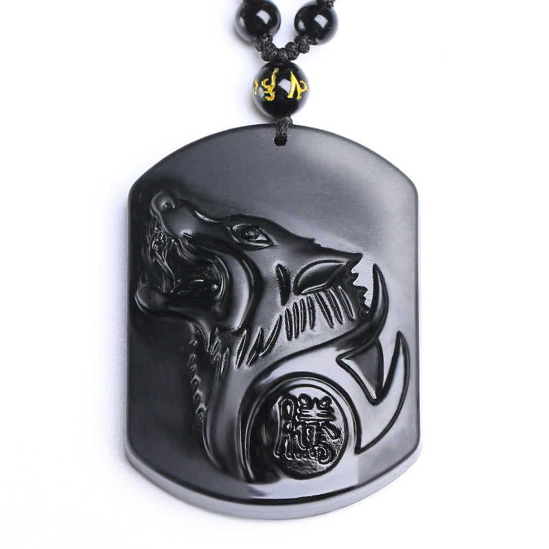 Collier pierre obsidienne noire - Détail gravure loup qui galope chinois