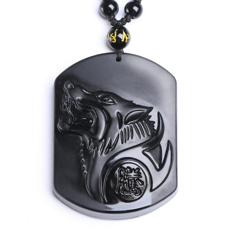 Collier pierre obsidienne noire - Détail gravure loup qui galope chinois