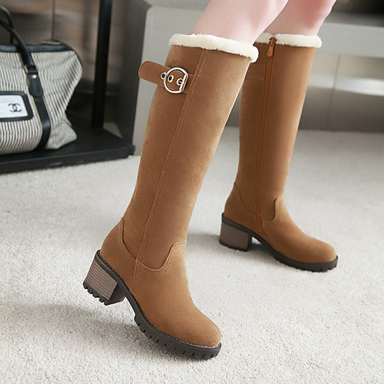 Medium Chunky Heel Suede Buckle Zipper Versatile Warm Knee-length Boots