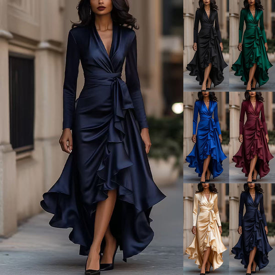 Satin V Neck Cinched Waist Dress With Ruffled Hem For An Elegant Look