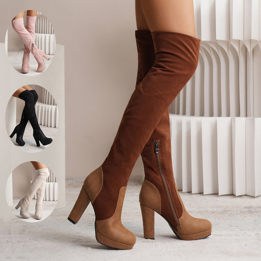 Long Boots For Women - Elastic Suede High Square Heel Over-the-knee