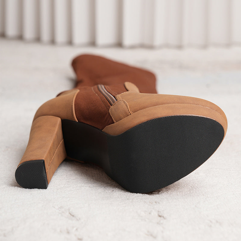 Long Boots For Women - Elastic Suede High Square Heel Over-the-knee