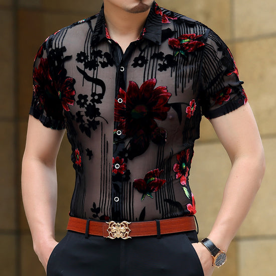 "Détail motif floral chemise homme transparente - imprimé soie premium rouge"