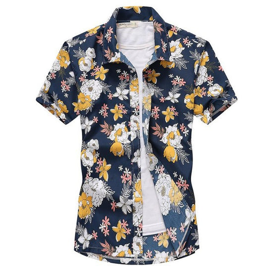 Chemise homme lin col mao manches courtes - Vue de face motif coloré