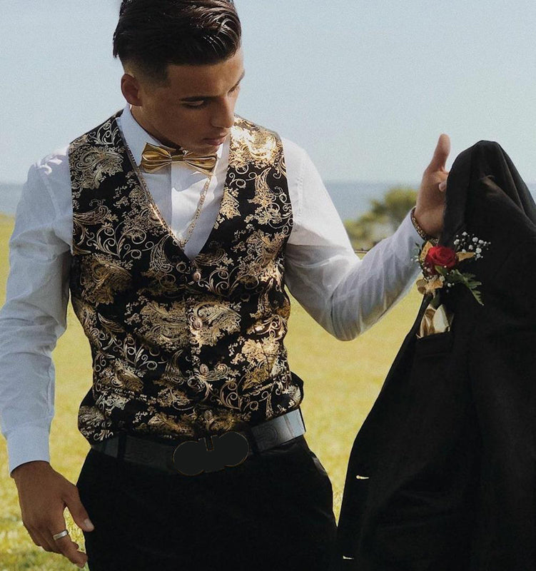Gilet homme steampunk doré - Vue de face motif paisley cérémonie mariage